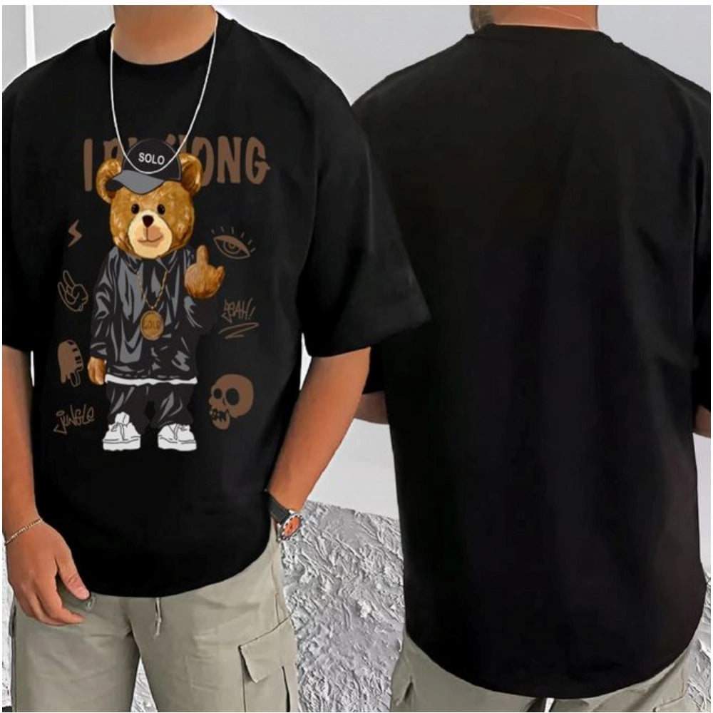 Generic Men's Casual Cotton Blend Printed Round Neck Half Sleeve T-Shirt (Black)