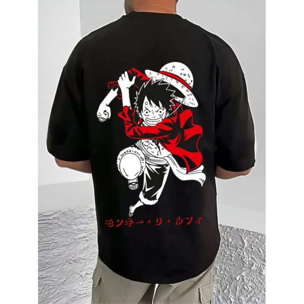 Generic Men's Casual Cotton Blend Printed Round Neck Half Sleeve T-Shirt (Black)