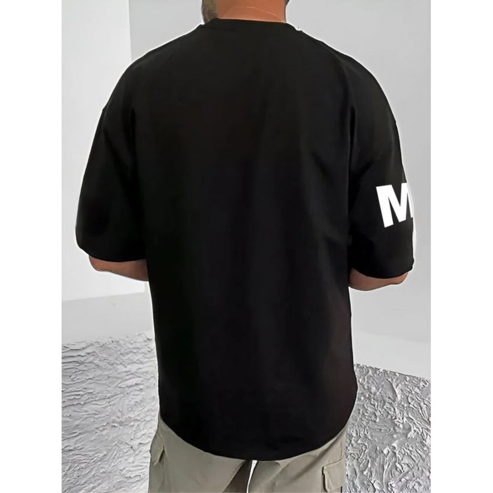 Generic Men's Casual Cotton Blend Printed Round Neck Half Sleeve T-Shirt (Black)