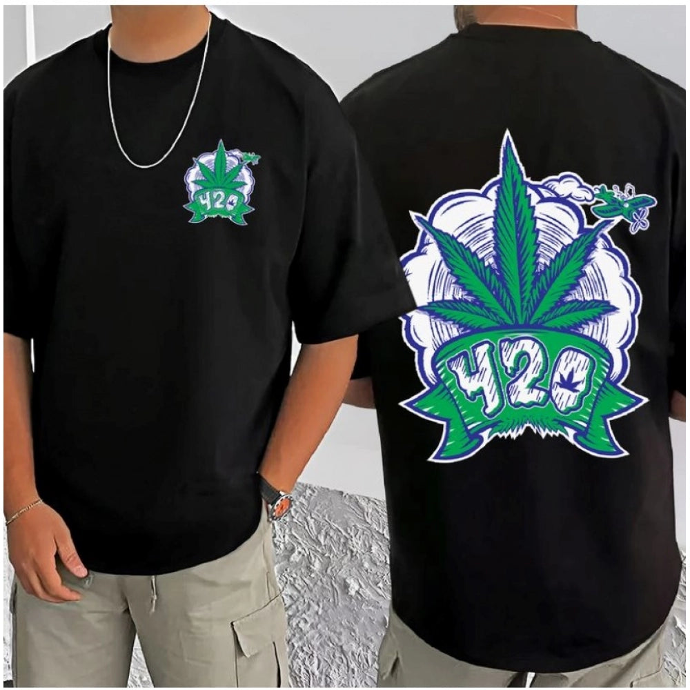 Generic Men's Casual Cotton Blend Printed Round Neck Half Sleeve T-Shirt (Black)