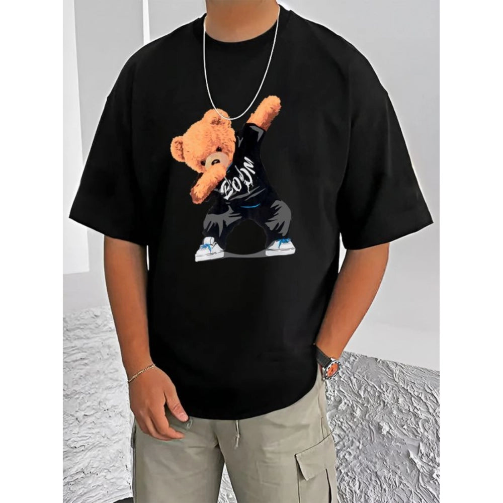 Generic Men's Casual Cotton Blend Printed Round Neck Half Sleeve T-Shirt (Black)