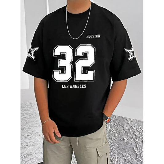 Generic Men's Casual Cotton Blend Printed Round Neck Half Sleeve T-Shirt (Black)