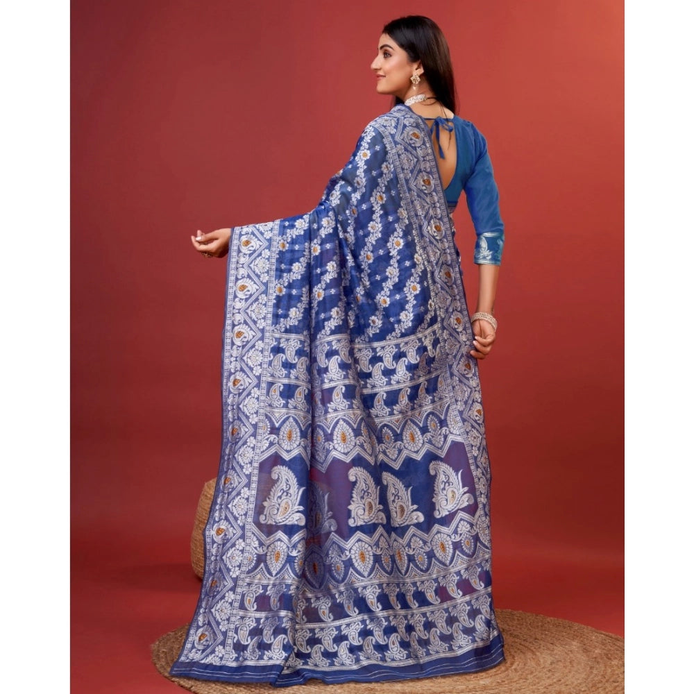 Women's Cotton Silk Printed Saree With Unstitched Blouse 5.5Mtr (Blue)