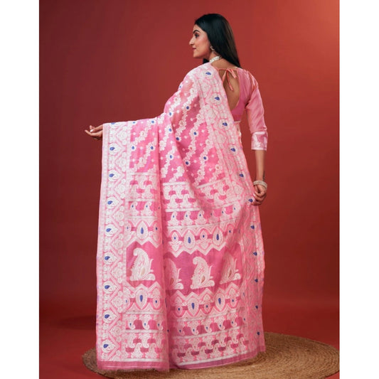 Women's Cotton Silk Printed Saree With Unstitched Blouse 5.5Mtr (Pink)