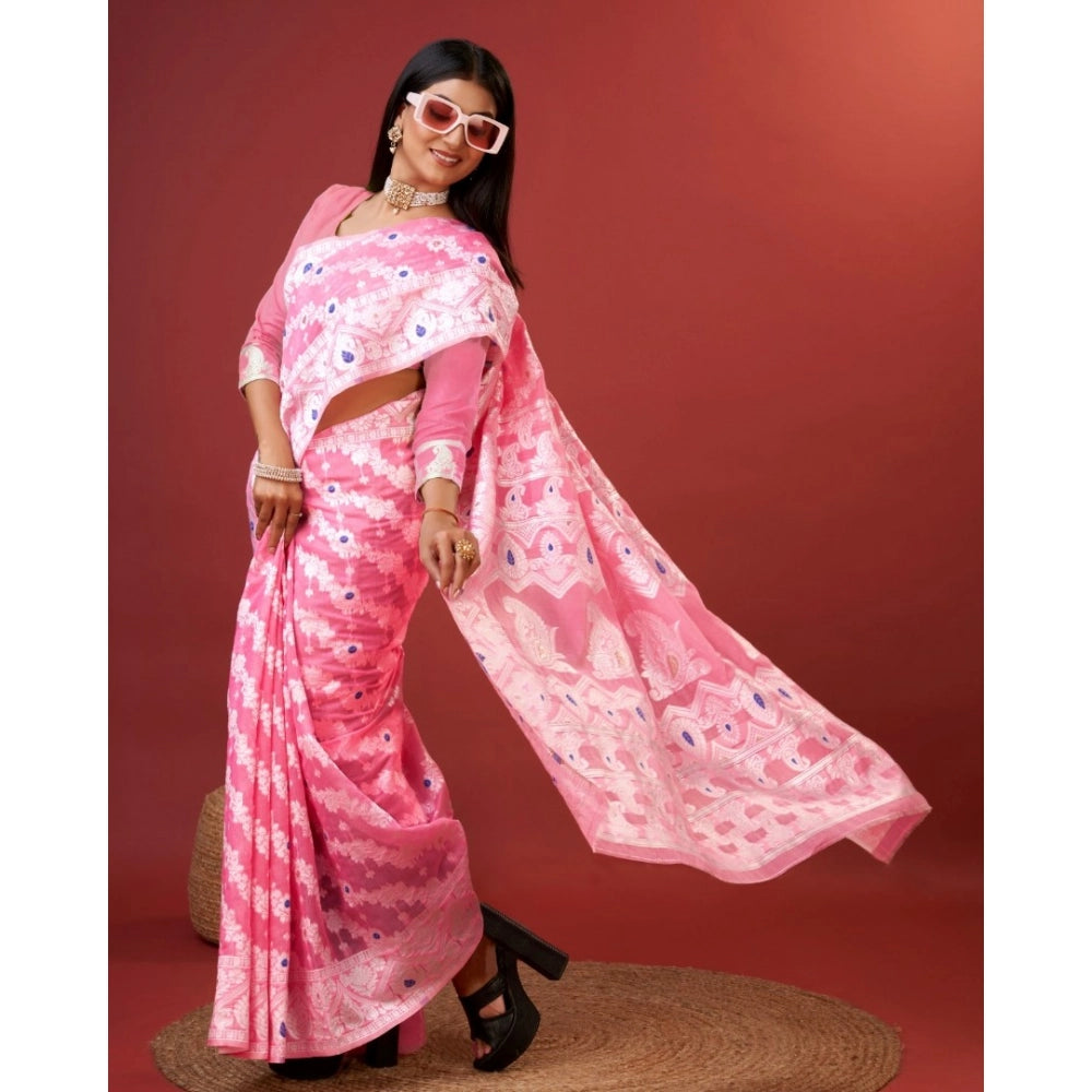 Women's Cotton Silk Printed Saree With Unstitched Blouse 5.5Mtr (Pink)