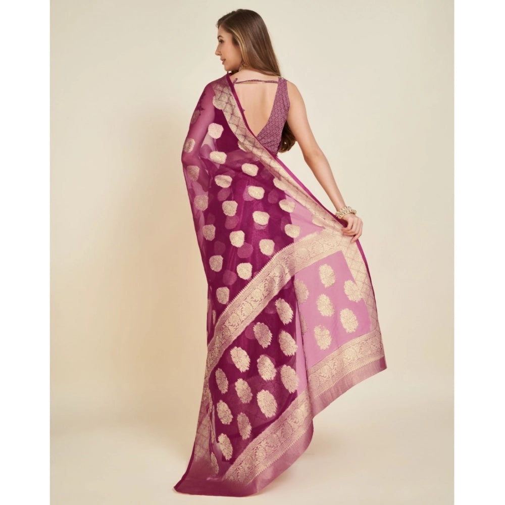 Women's Soft Organza Silk Weaving Design Saree With Unstitched Blouse 5.5Mtr (Wine)