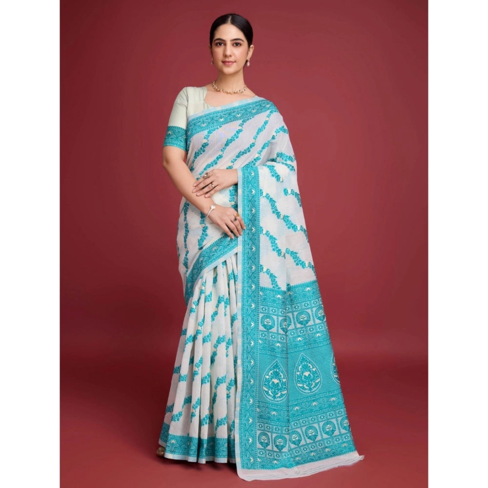 Women's Jamdani Cotton Silk Printed Saree With Unstitched Blouse 5.5Mtr (Rama)