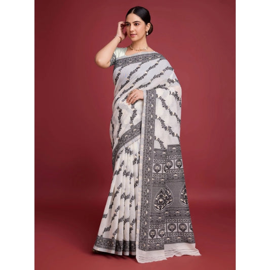 Women's Jamdani Cotton Silk Printed Saree With Unstitched Blouse 5.5Mtr (Black)