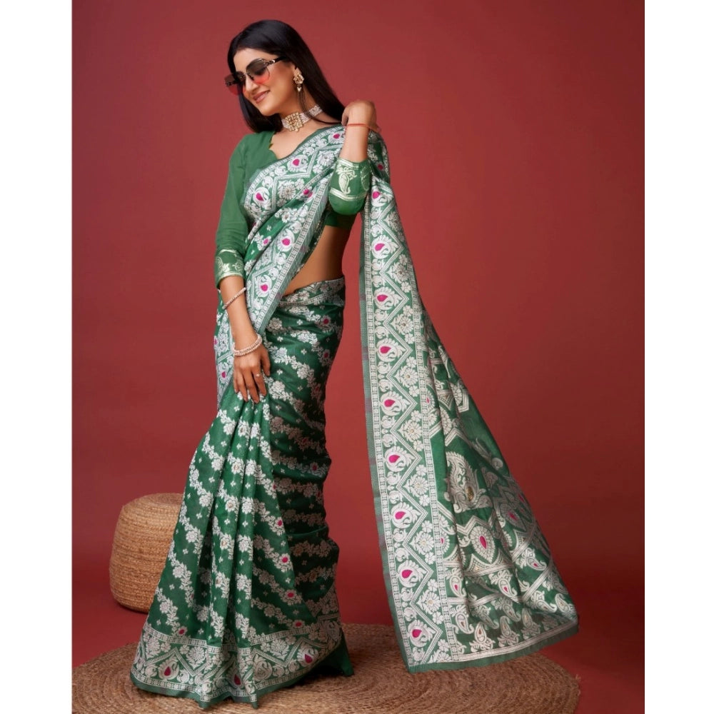 Women's Cotton Silk Printed Saree With Unstitched Blouse 5.5Mtr (Green)
