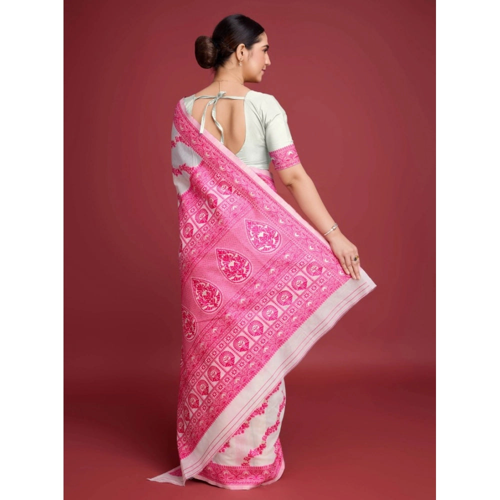 Women's Jamdani Cotton Silk Printed Saree With Unstitched Blouse 5.5Mtr (Pink)