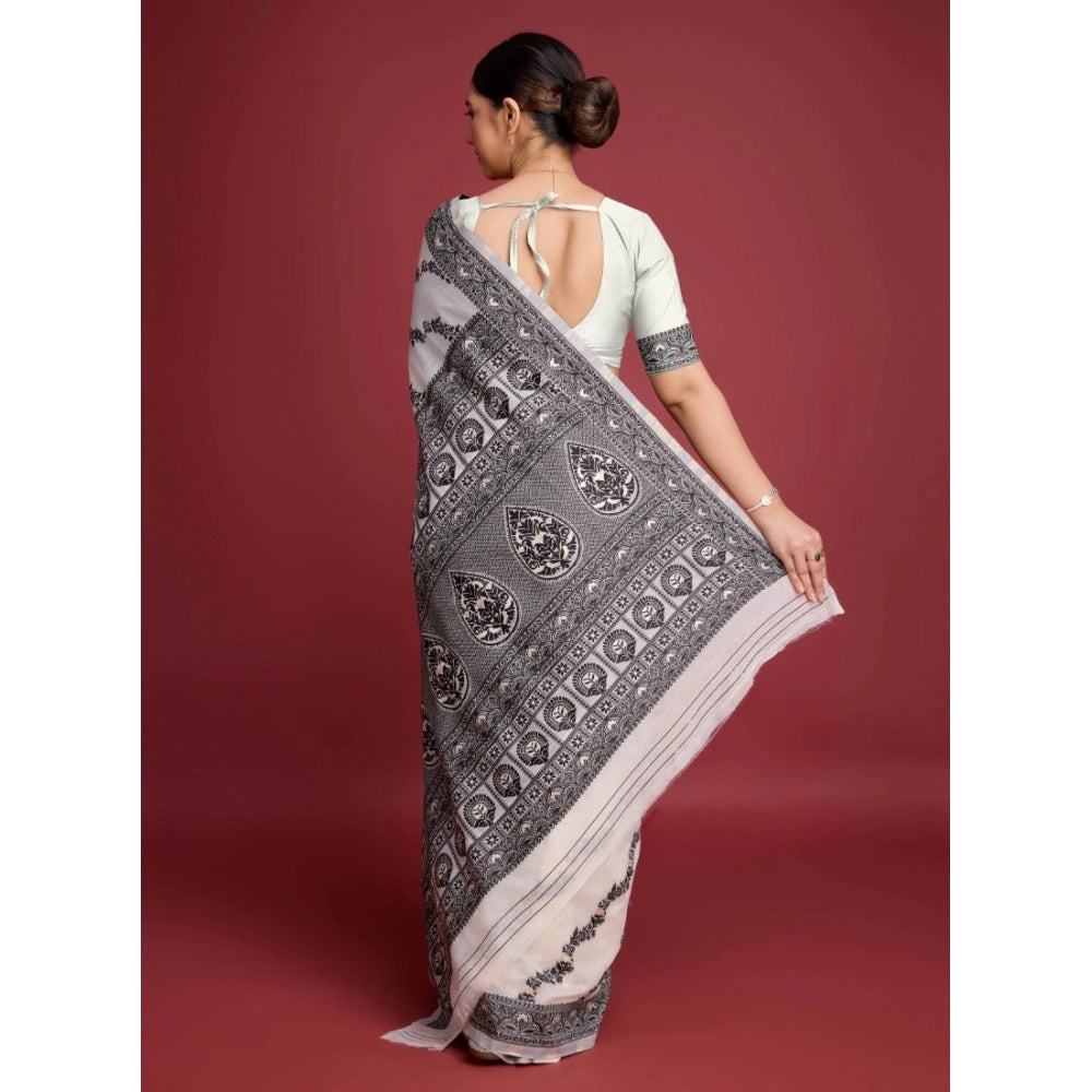 Women's Jamdani Cotton Silk Printed Saree With Unstitched Blouse 5.5Mtr (Black)