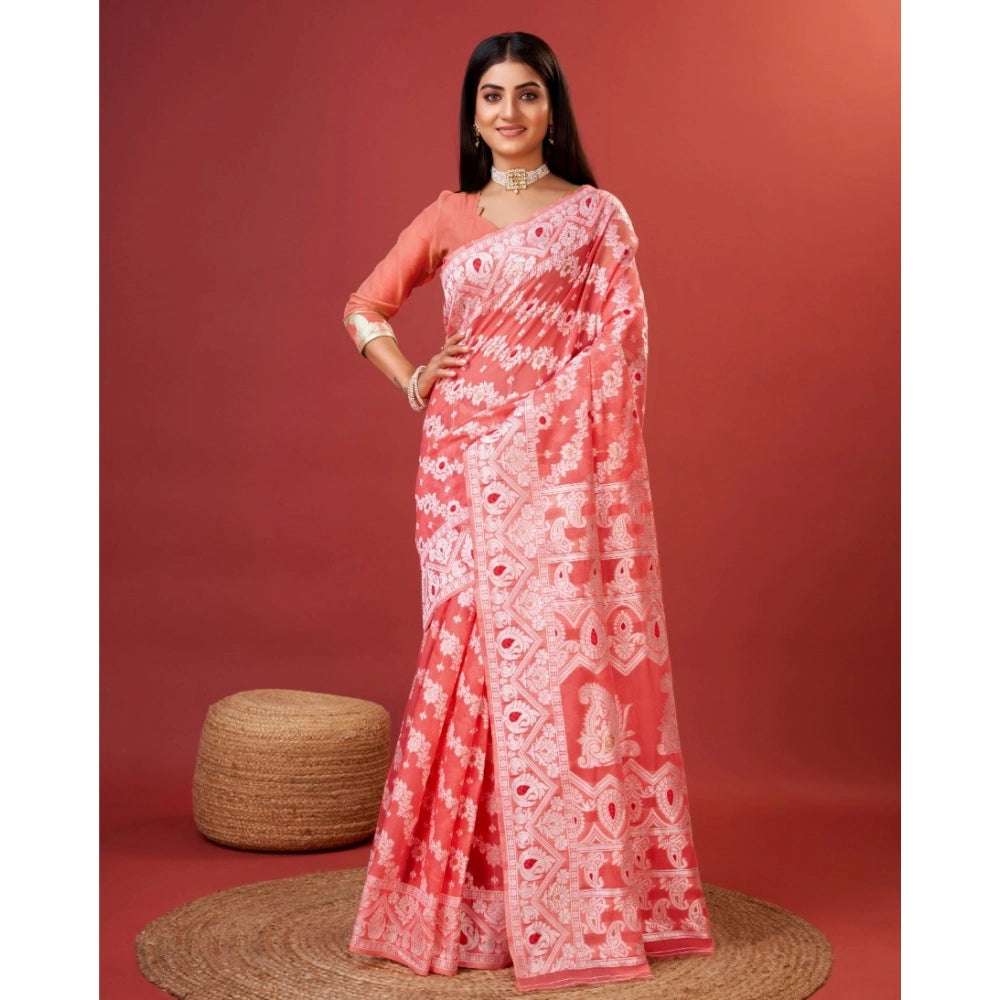Women's Cotton Silk Printed Saree With Unstitched Blouse 5.5Mtr (Peach)