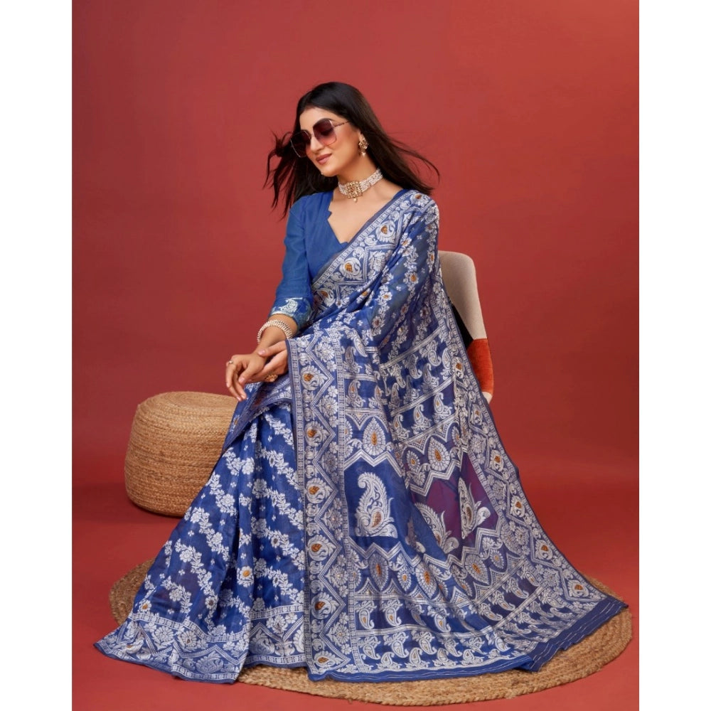 Women's Cotton Silk Printed Saree With Unstitched Blouse 5.5Mtr (Blue)