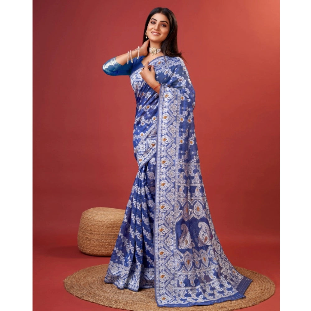 Women's Cotton Silk Printed Saree With Unstitched Blouse 5.5Mtr (Blue)