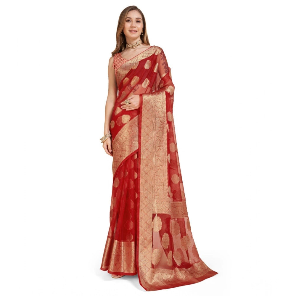 Women's Soft Organza Silk Weaving Design Saree With Unstitched Blouse 5.5Mtr (Red)