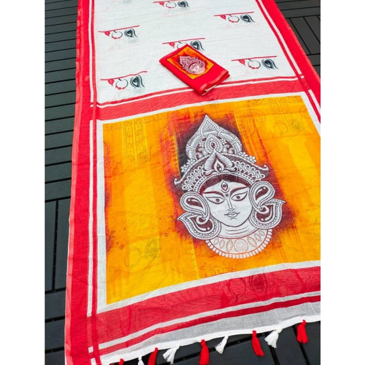 Women's linen Digital Print Saree With Unstitched Blouse 5.5Mtr (White)