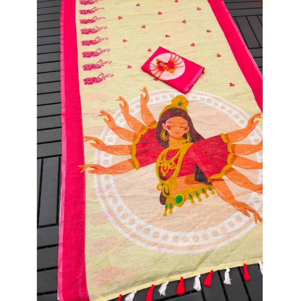 Women's linen Digital Print Saree With Unstitched Blouse 5.5Mtr (White)