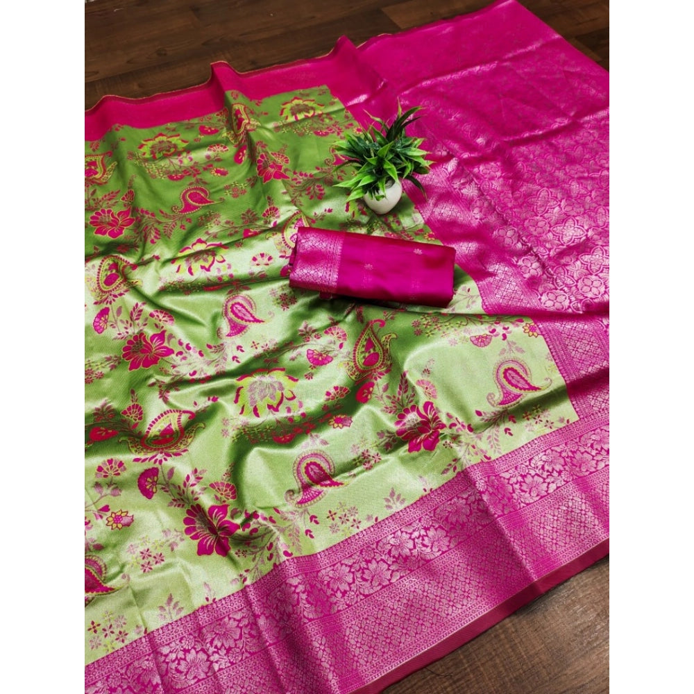 Women's Banarasi Jacquard Printed Saree With Unstitched Blouse 5.5Mtr (Mehendi Green)