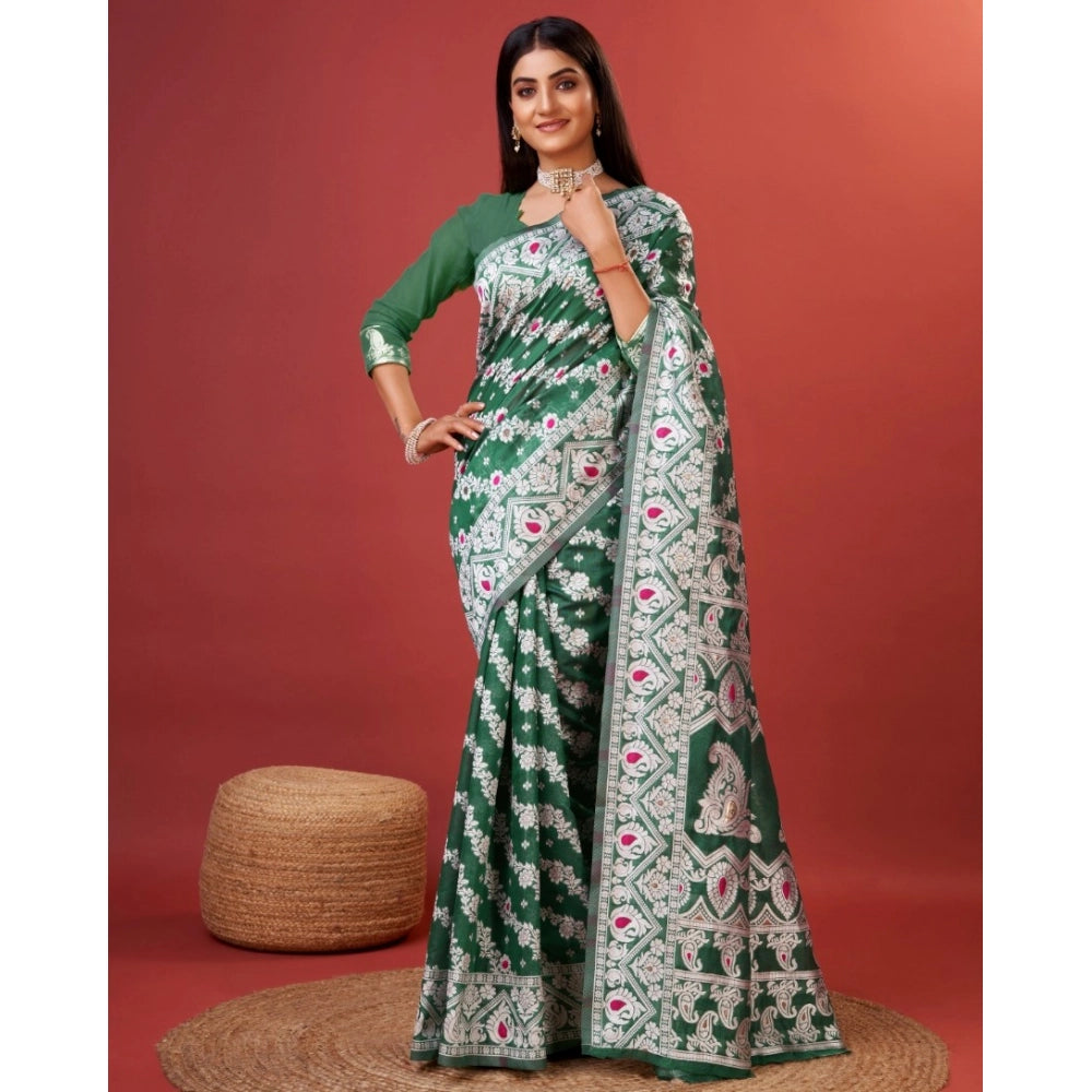 Women's Cotton Silk Printed Saree With Unstitched Blouse 5.5Mtr (Green)