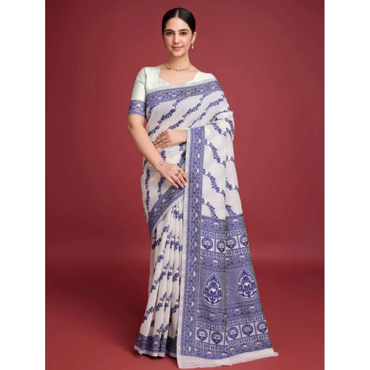 Women's Jamdani Cotton Silk Printed Saree With Unstitched Blouse 5.5Mtr (Navy Blue)