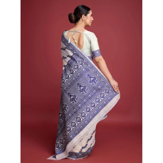 Women's Jamdani Cotton Silk Printed Saree With Unstitched Blouse 5.5Mtr (Navy Blue)