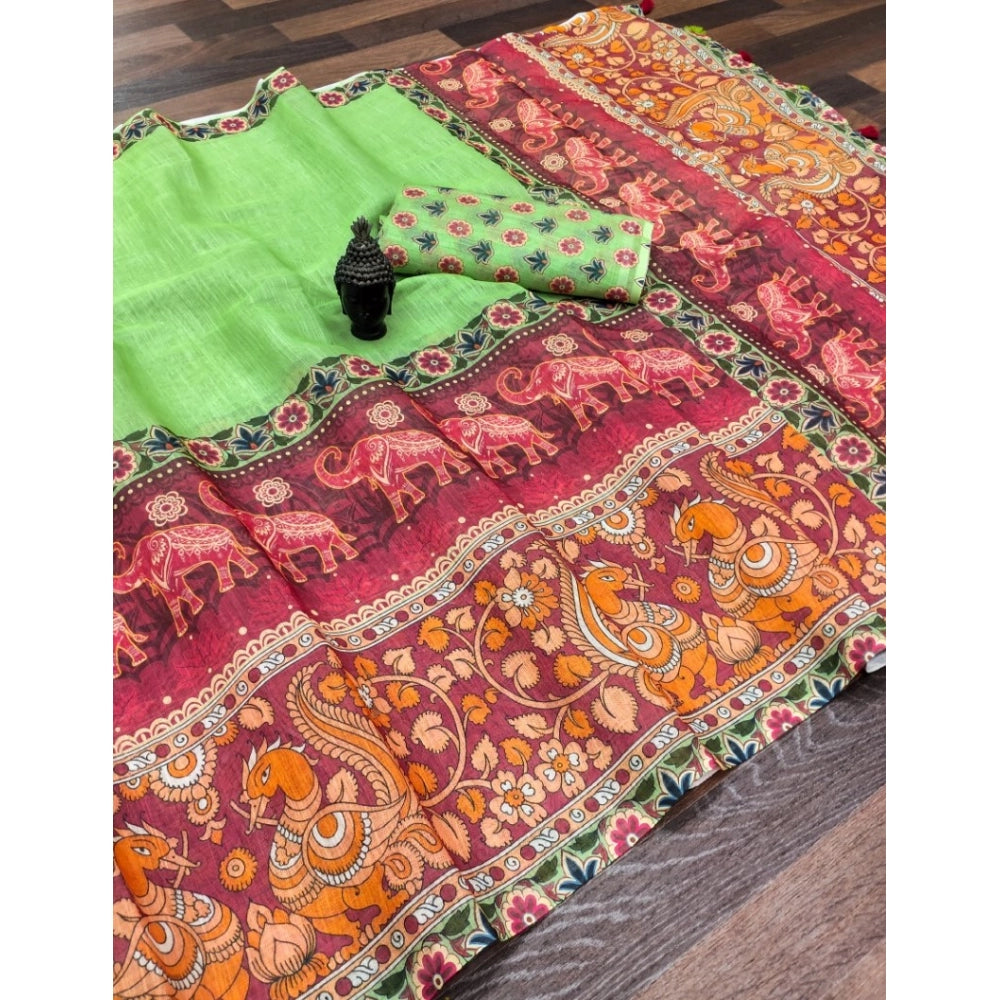 Women's linen Digital Print Saree With Unstitched Blouse 5.5Mtr (Light Green)