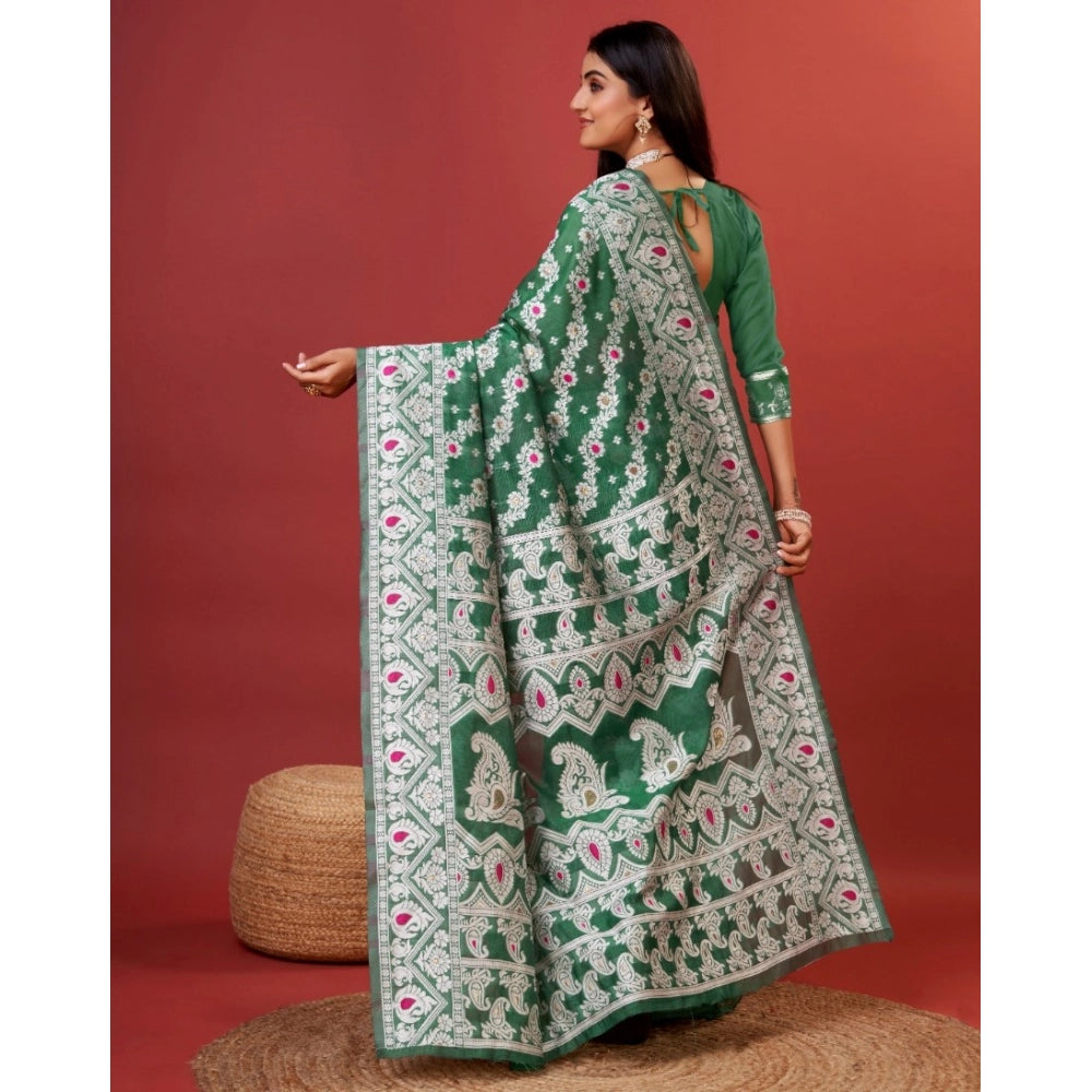 Women's Cotton Silk Printed Saree With Unstitched Blouse 5.5Mtr (Green)