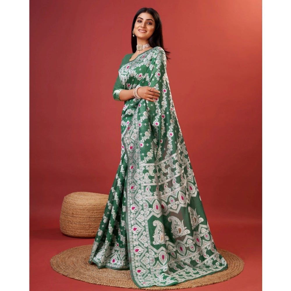 Women's Cotton Silk Printed Saree With Unstitched Blouse 5.5Mtr (Green)