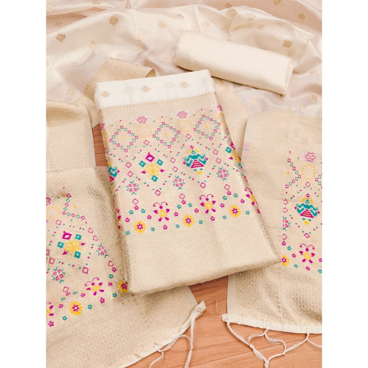 Generic Women's Banarasi Silk Printed Unstitched Salwar Suit Material With Dupatta (White, 3Mtrs)