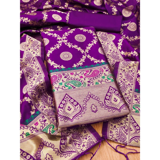 Generic Women's Banarasi Silk Printed Unstitched Salwar Suit Material With Dupatta (Purple, 3Mtrs)