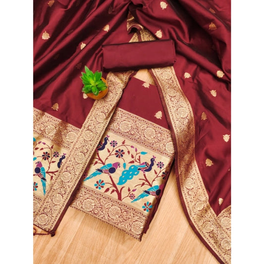 Generic Women's Banarasi Silk Printed Unstitched Salwar Suit Material With Dupatta (Maroon, 3Mtrs)