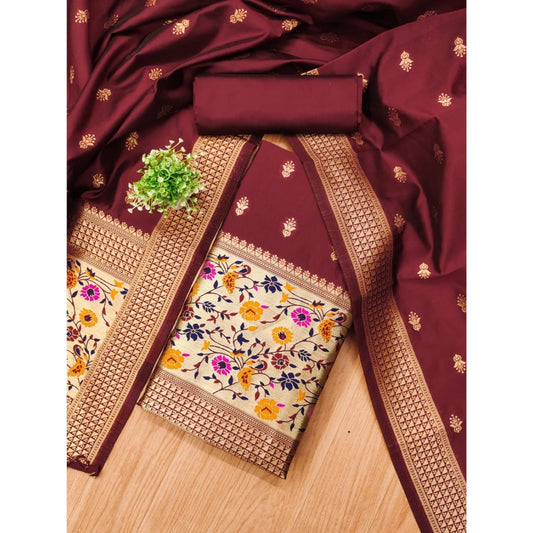 Generic Women's Banarasi Silk Printed Unstitched Salwar Suit Material With Dupatta (Maroon, 3Mtrs)