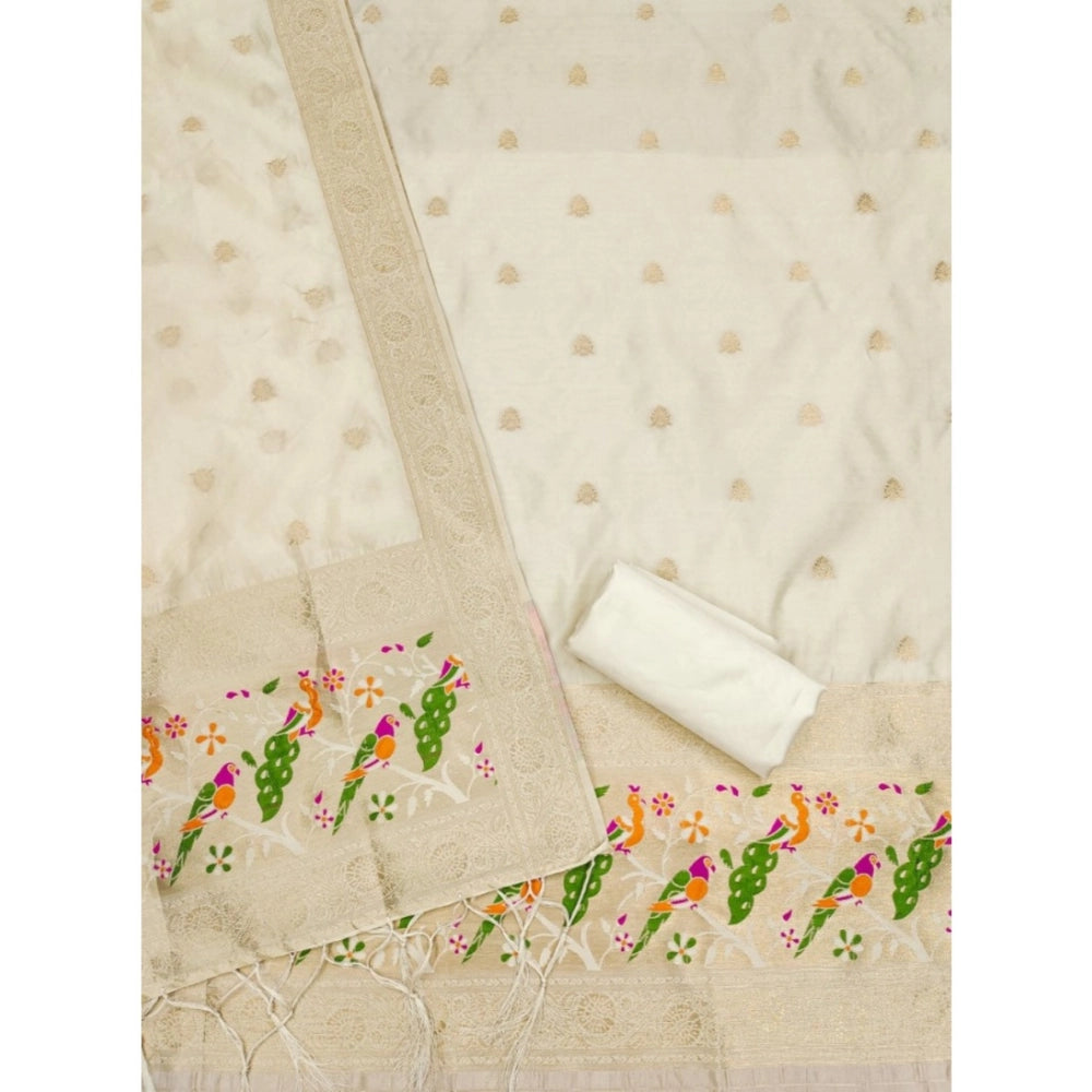 Generic Women's Banarasi Silk Printed Unstitched Salwar Suit Material With Dupatta (White, 3Mtrs)