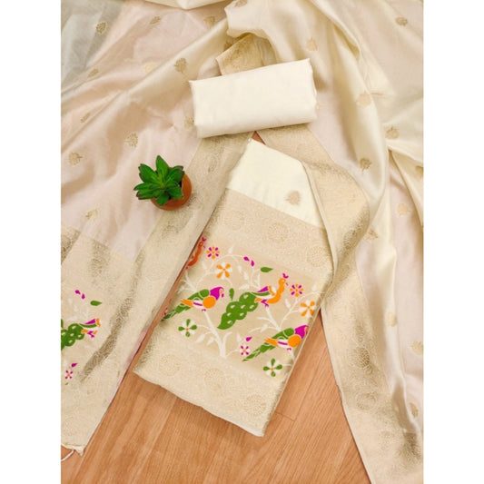 Generic Women's Banarasi Silk Printed Unstitched Salwar Suit Material With Dupatta (White, 3Mtrs)