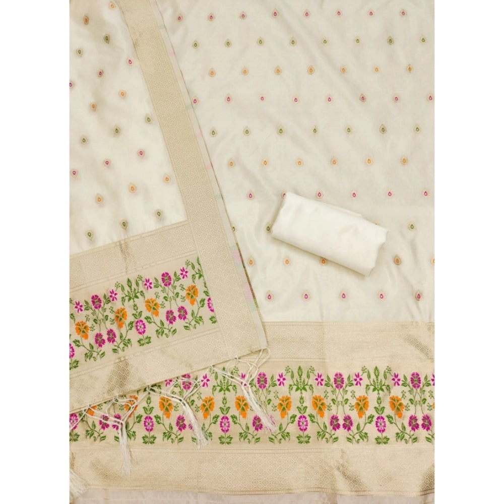 Generic Women's Banarasi Silk Printed Unstitched Salwar Suit Material With Dupatta (White, 3Mtrs)