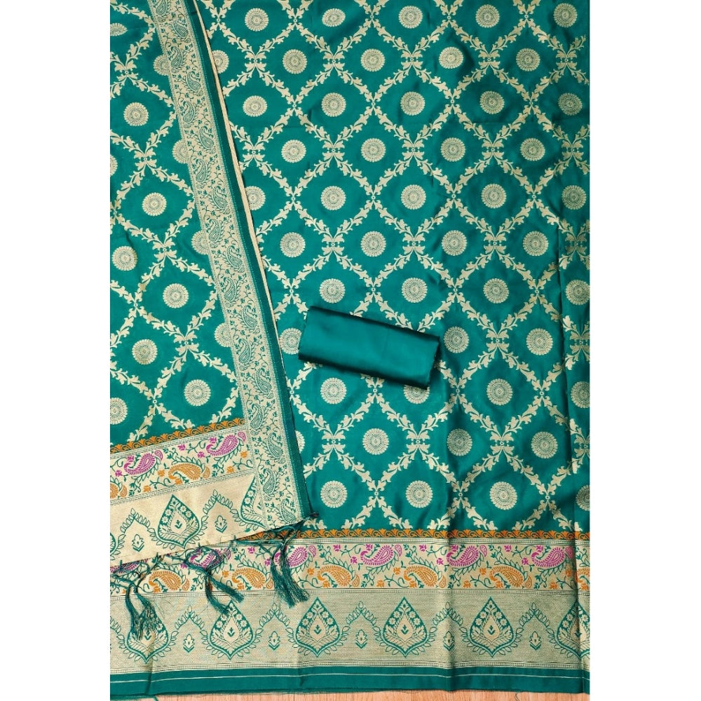 Generic Women's Banarasi Silk Printed Unstitched Salwar Suit Material With Dupatta (Rama, 3Mtrs)