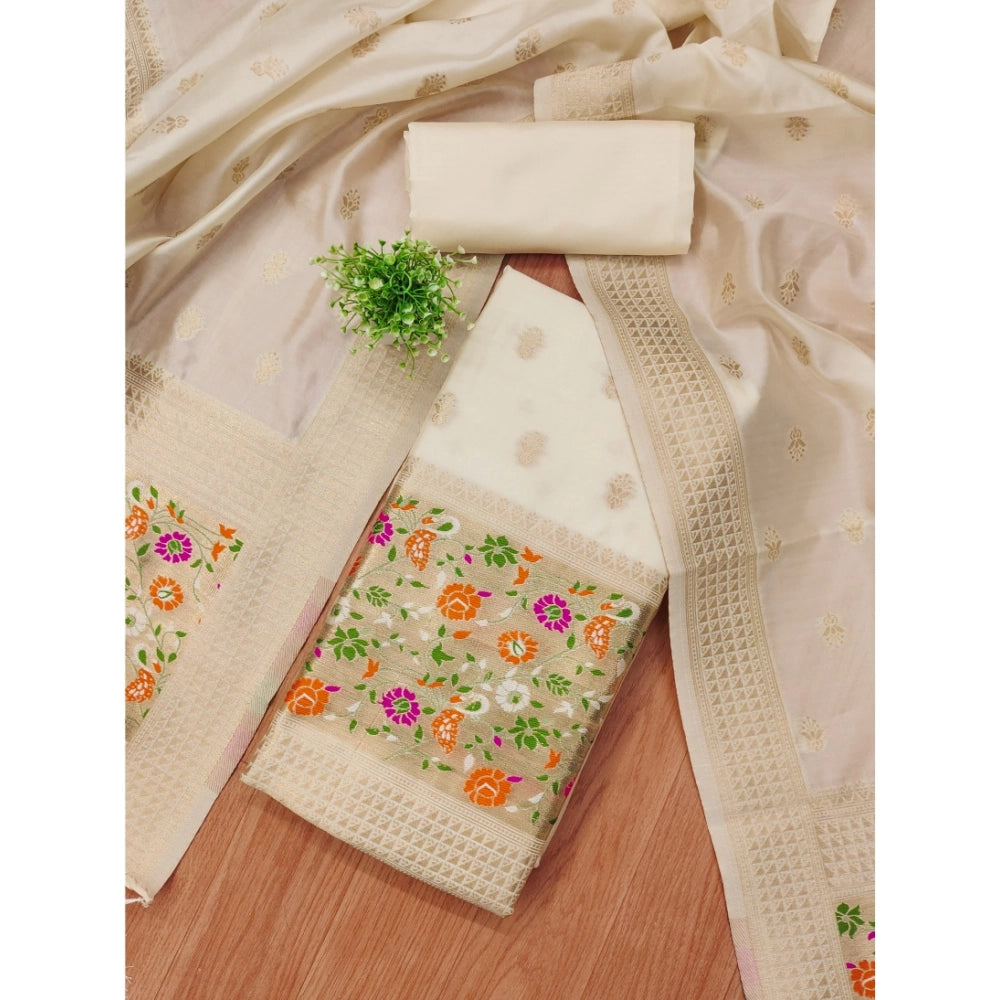 Generic Women's Banarasi Silk Printed Unstitched Salwar Suit Material With Dupatta (White, 3Mtrs)