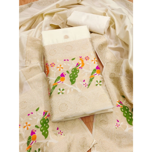 Generic Women's Banarasi Silk Printed Unstitched Salwar Suit Material With Dupatta (White, 3Mtrs)