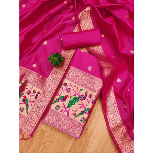 Generic Women's Banarasi Silk Printed Unstitched Salwar Suit Material With Dupatta (Pink, 3Mtrs)