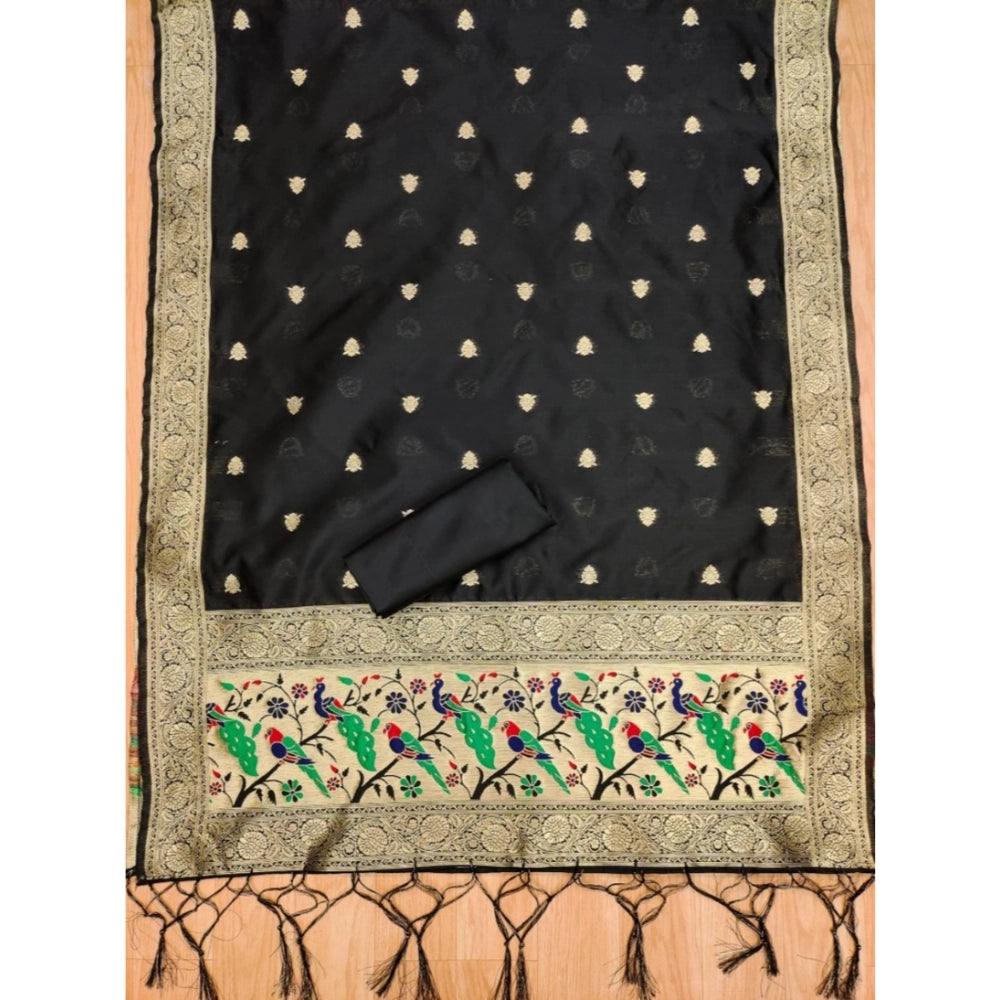 Generic Women's Banarasi Silk Printed Unstitched Salwar Suit Material With Dupatta (Black, 3Mtrs)