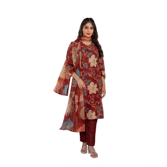 Generic Women's Cotton Blend Printed Kurti With Pant Dupatta Set (Rust)