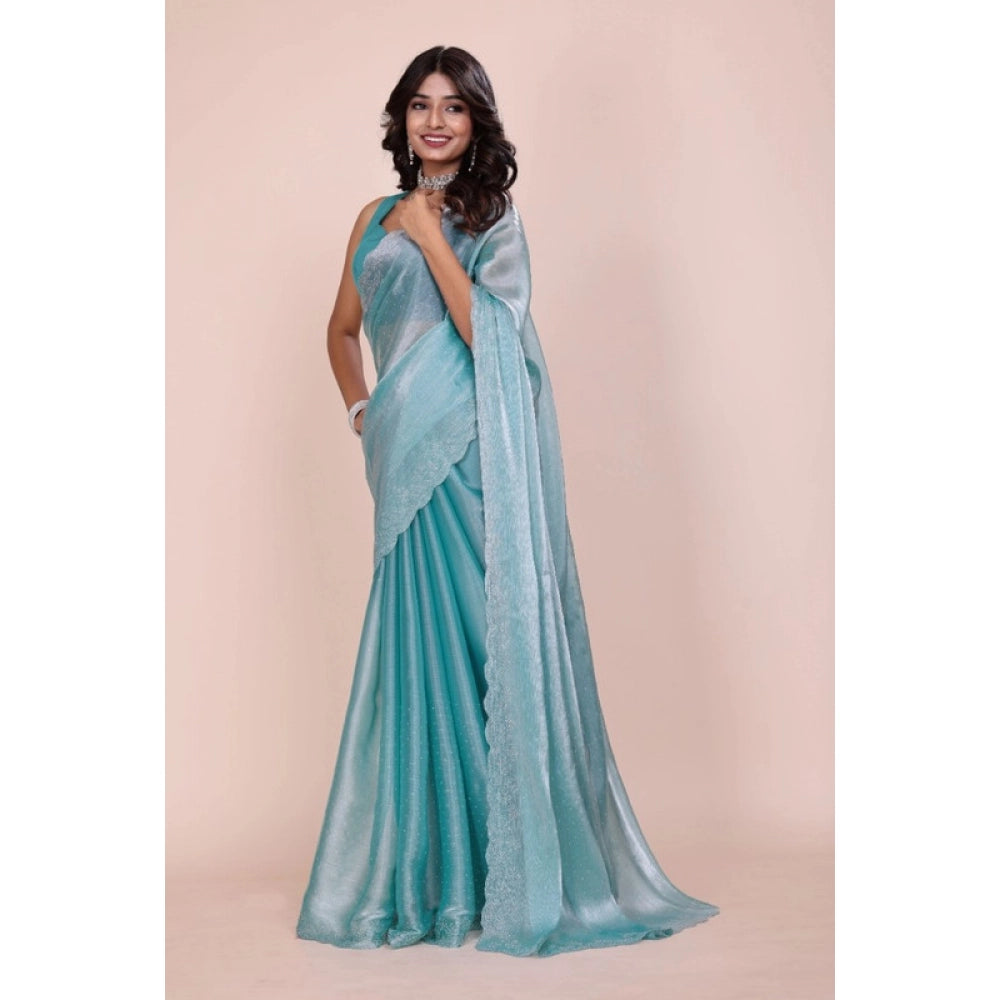 Women's Jimmy choo Embellished Bollywood Saree With Unstitched Blouse 5.5Mtr (Light Blue)