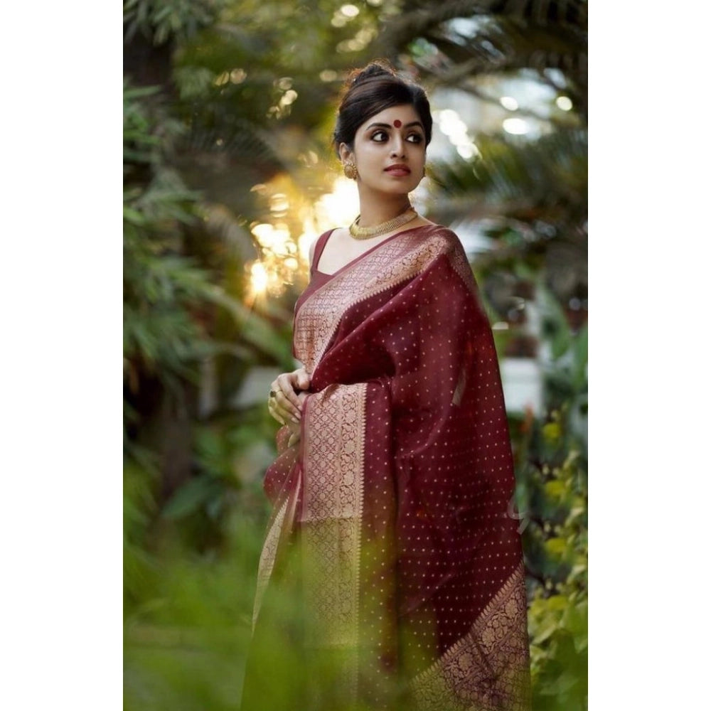 Generic Women's Litchi silk Printed Saree With Unstitched Blouse (Maroon)