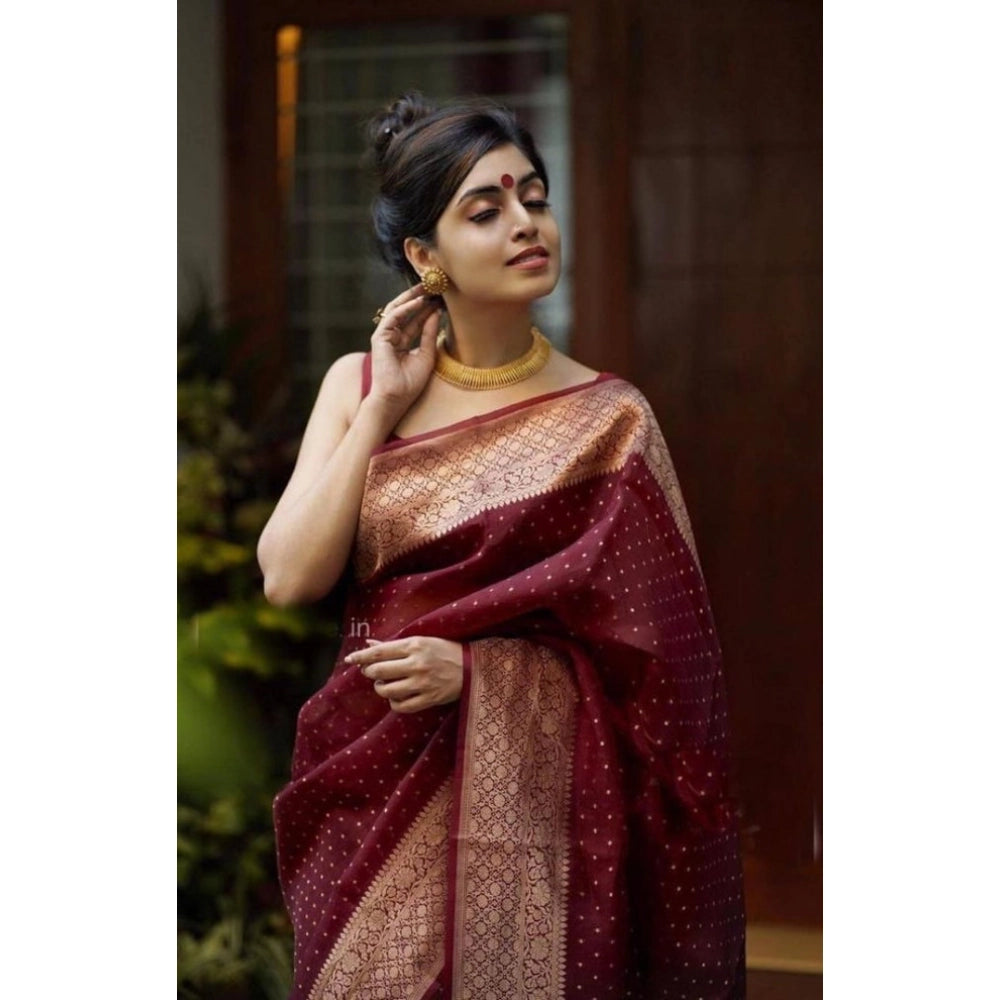Generic Women's Litchi silk Printed Saree With Unstitched Blouse (Maroon)