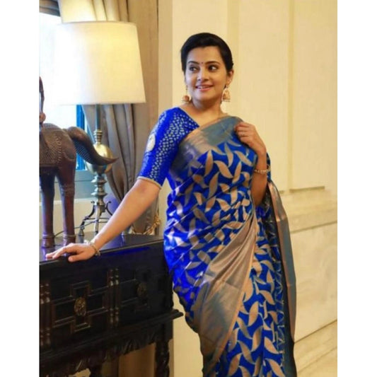 Generic Women's Litchi silk Printed Saree With Unstitched Blouse (Blue)