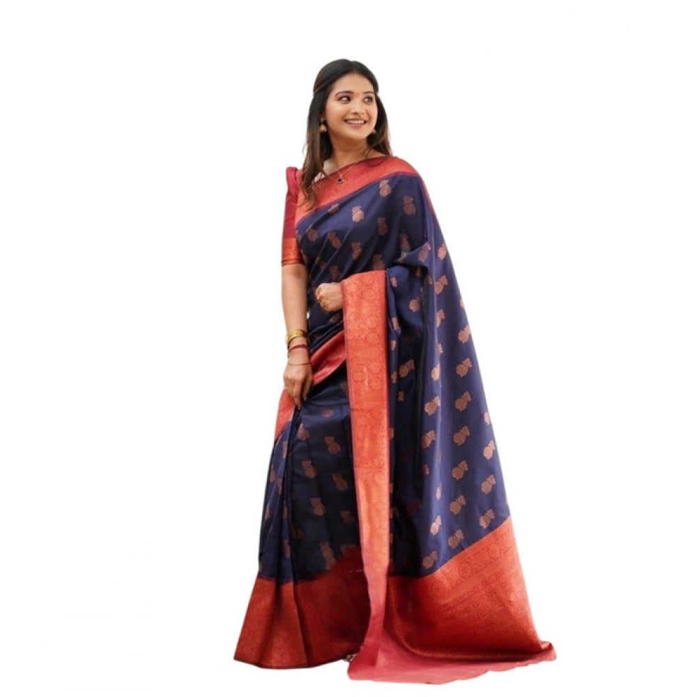 Generic Women's Litchi silk Printed Saree With Unstitched Blouse (Blue)