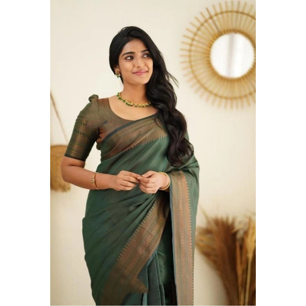 Generic Women's Litchi silk Printed Saree With Unstitched Blouse (Green)