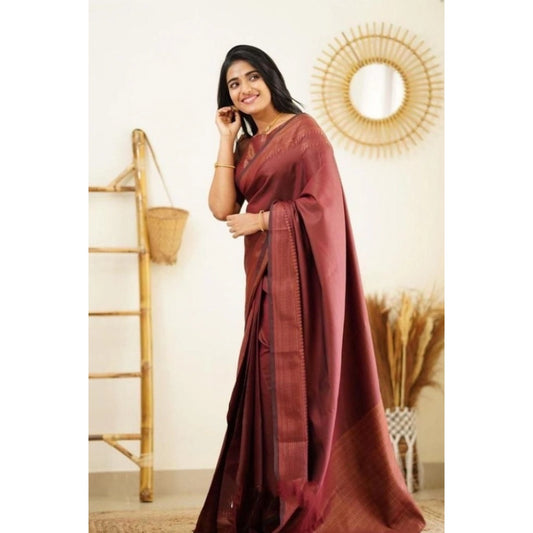 Generic Women's Litchi silk Printed Saree With Unstitched Blouse (Maroon)