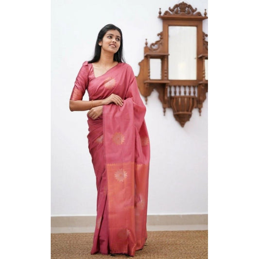 Generic Women's Litchi silk Printed Saree With Unstitched Blouse (Peach)