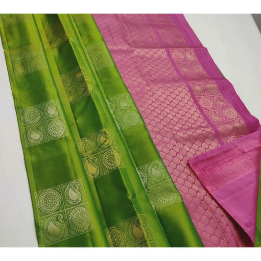 Generic Women's Litchi silk Printed Saree With Unstitched Blouse (Green With Pink)